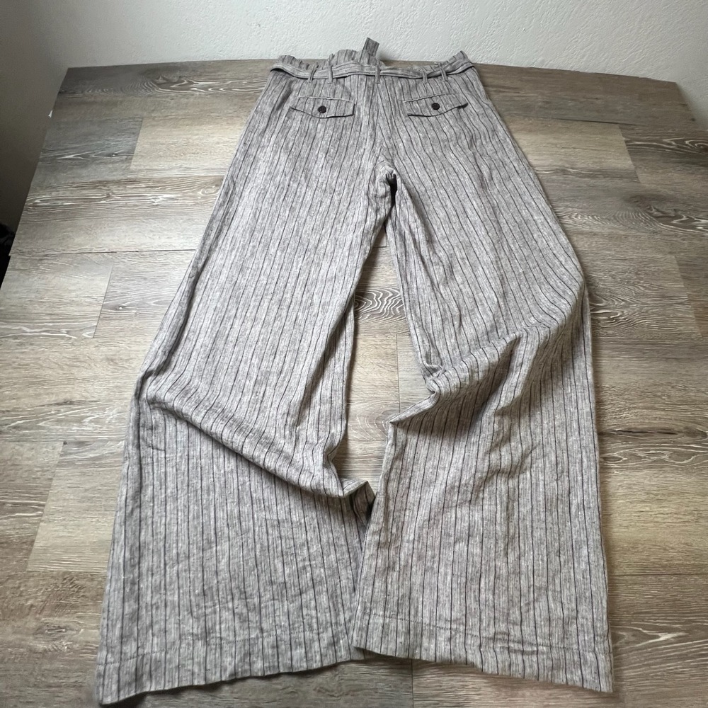 BCBGMAXAZRIA Pinstripe Pants Womens 4 Grey Linen Blend Wide Leg Paperbag‎ Waist